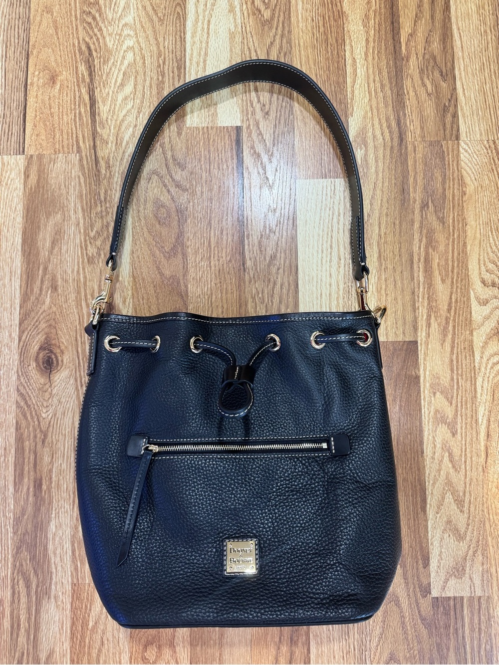 Dooney & Bourke Black Pebble Leather Drawstring Bucket Bag Gold-Tone Hardware